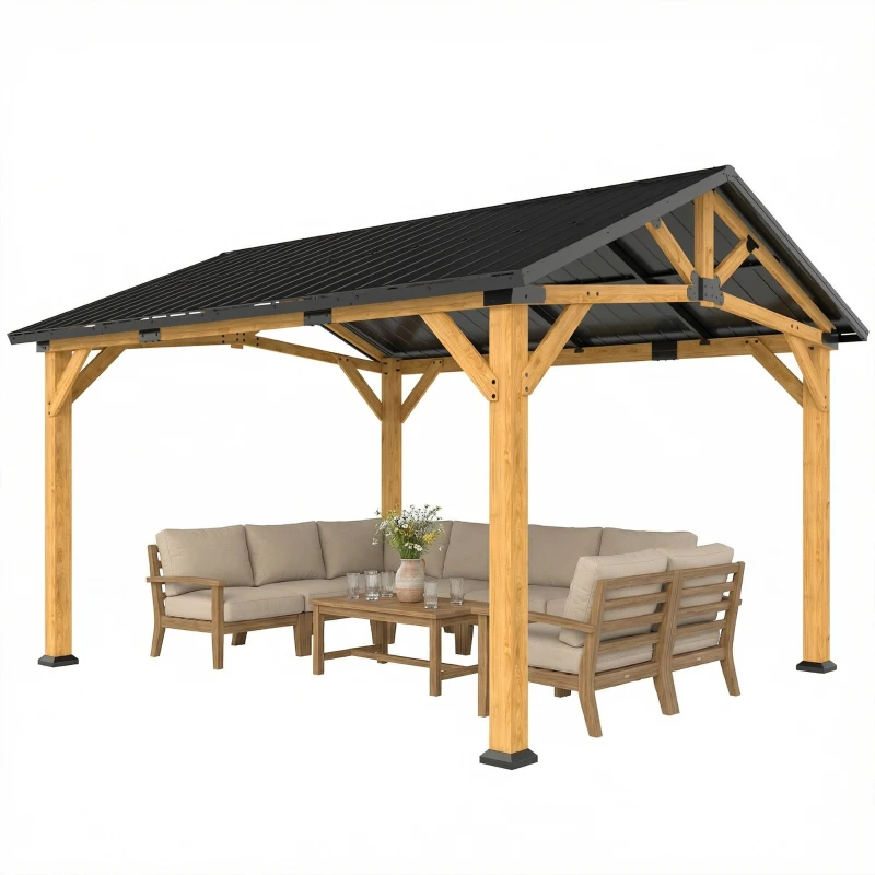 Outsunny 3.5 x 4 m Hardtop Gazebo Canopy with Galvanised Metal Roof, Fir Wood Frame and Hook for Patio, Garden, Black Grey