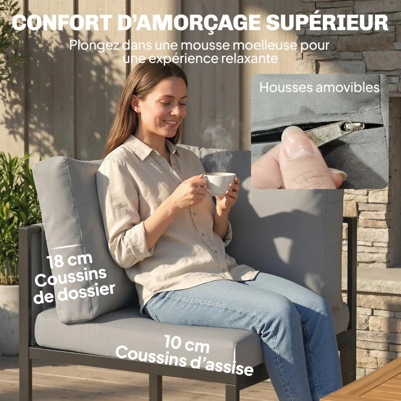 Outsunny Salon de Jardin Canapé d'Angle Extérieur 6 Pièces Coussins 10cm Table Haute et 2 Repose-pieds Gris