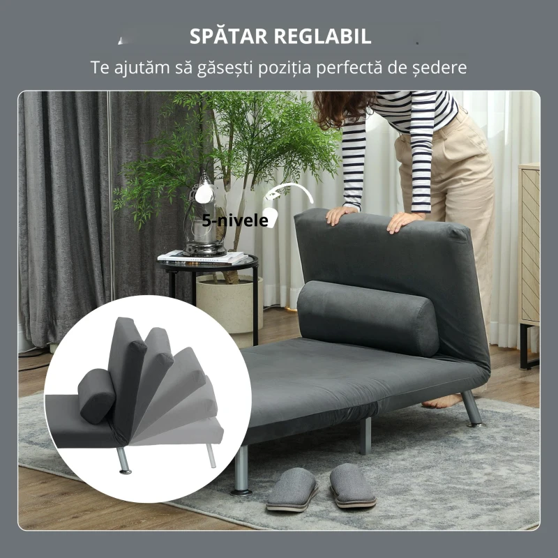 HOMCOM Fotoliu-Pat Single Reglabil din Material cu Aspect de In Gri Închis
