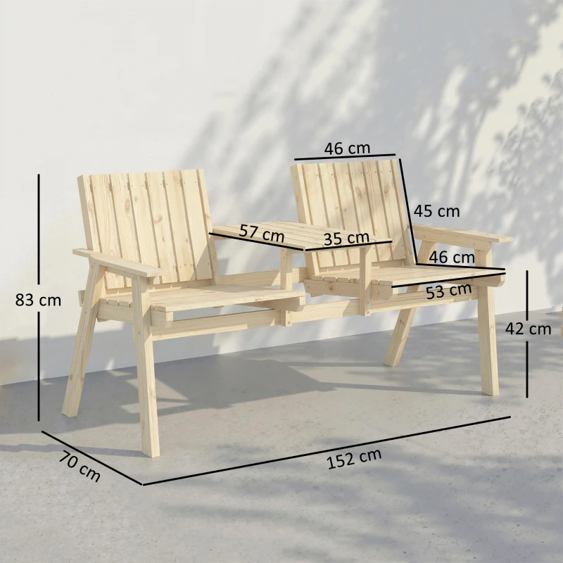 Outsunny 2-Seater Garden Loveseat with Table and Parasol Hole for Porch, Patio, Natural Wood Finish