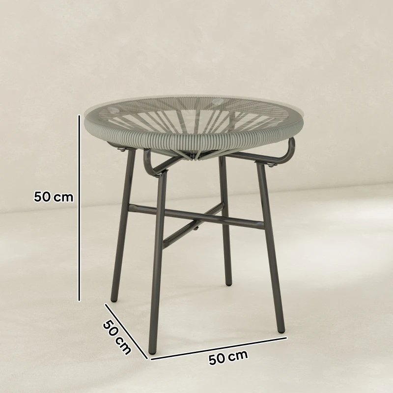 Outsunny Rattan Side Table, Round Outdoor Coffee Table, with Round PE Rattan and Tempered Glass Tabletop, Light Grey
