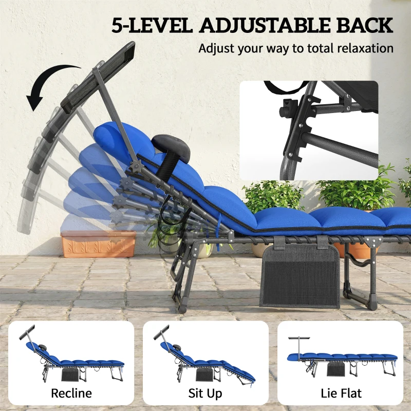 Outsunny Folding Sun Loungers Set of 2 with Canopy, Reclining Sunbed with Cushion, Side Pocket, Carrying Handle, Dark Blue