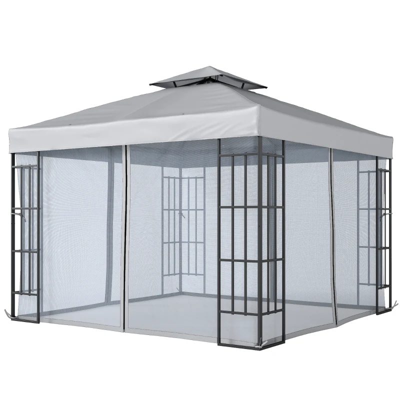 Outsunny 3 x 3(m) Patio Gazebo Canopy Garden Pavilion Tent Shelter with 2 Tier Roof and Mosquito Netting, Light Grey