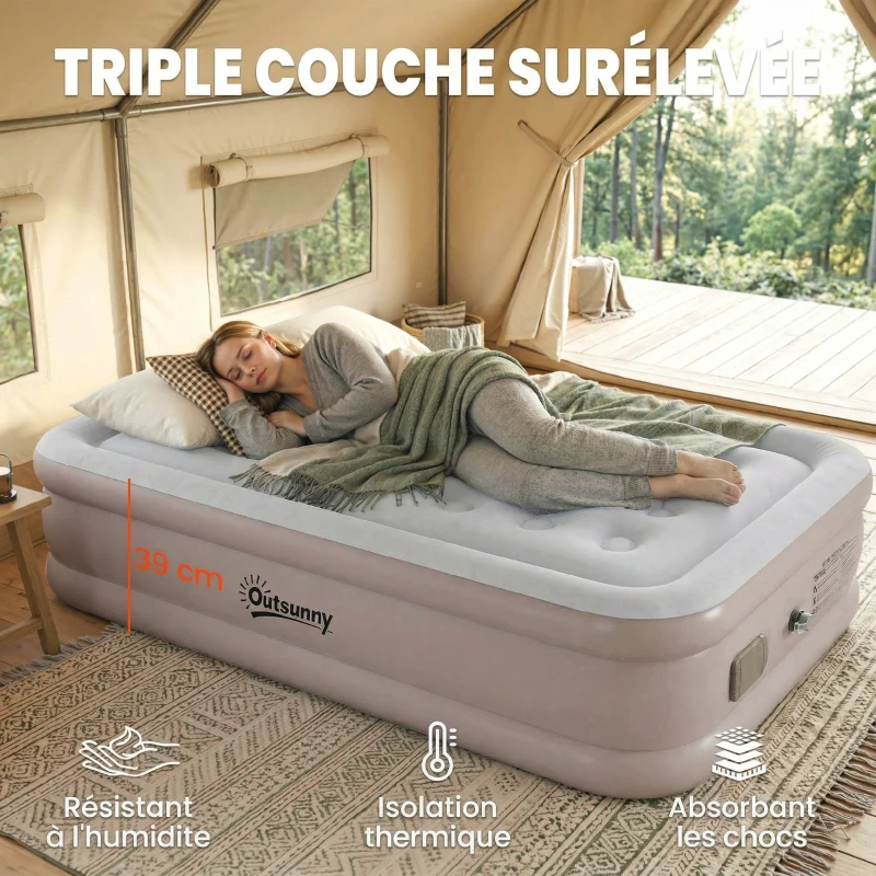 Outsunny Matelas Gonflable, Pompe Électrique Intégrée, Surface Floqué , Imperméable 5000 mm, Sac Transport, 190x97x39cm, Kaki