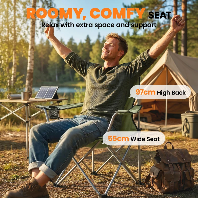 Outsunny Camping Chair Set of 2 Portable Folding Outdoor Camp Chair with Cup Holders and Carry Bag Green