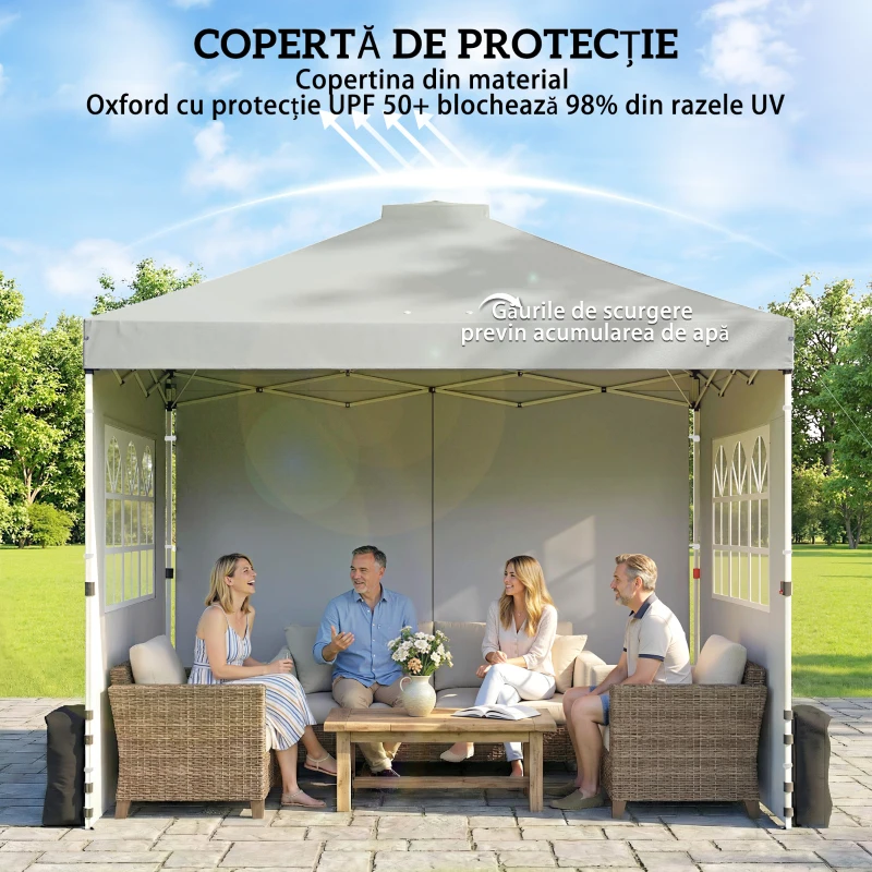 Outsunny Pavilion 3x3 m impermeabil reglabil pe înălțime pop-up pliant cu 3 pereți laterali ferestre ventilație, UV 50+ Gri deschis