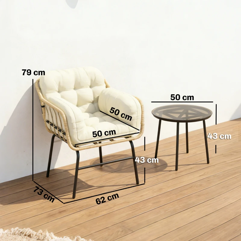 Outsunny Set mobilier exterior 3 piese din rășină împletită, masă din sticlă securizată, 2 fotolii cu perne, 62x73x79cm, Kaki