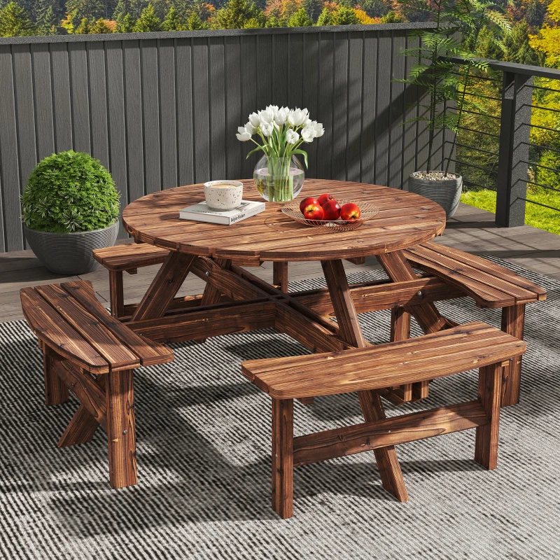 Outsunny Wooden Garden Dining Set, 8 Seater Patio Furniture Set with Round Picnic Table, Parasol Hole for Outdoor Garden, Tan