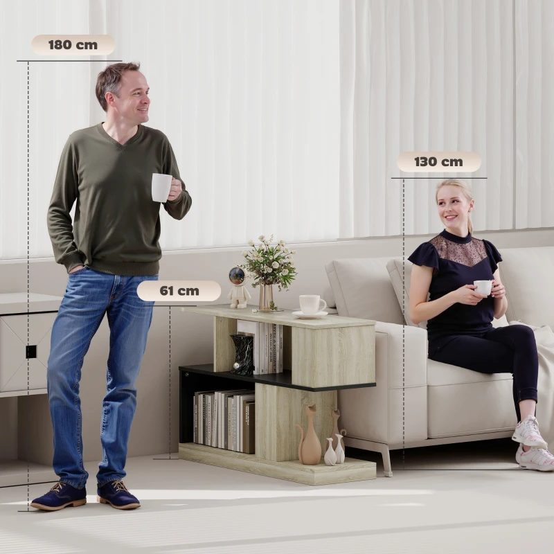 HOMCOM Table d'appoint en forme S, bout de canapé à 3 niveaux étagères de rangement, 90 x 30 x 61 cm, effet bois naturel noir