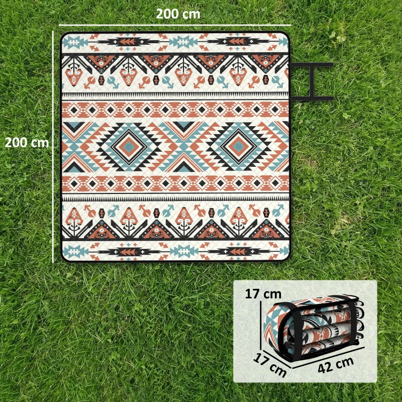 Outsunny Picnic Blanket, 200x200CM Large Beach Blanket Outdoor Picnic Mat with Integrated Strap for Camping, Mix-Colour