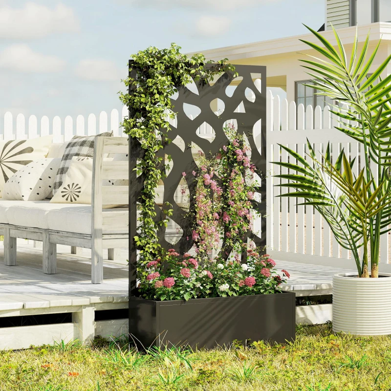 Outsunny Metal Raised Garden Bed with Trellis, Outdoor Planter Box with Privacy Screen, Elevated Garden Box for Climbing Plants