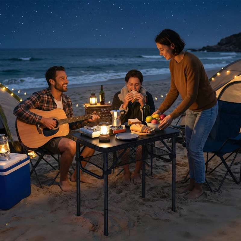 Outsunny 2ft Folding Camping Table, Picnic Table with Mesh Storage Layer, 4 Adjustable Heights and Carrying Handle, Black