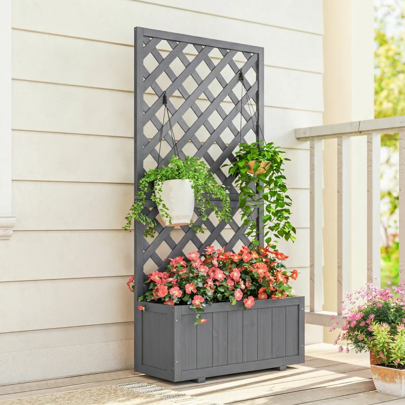 Outsunny Wood Planter with Trellis for Climbing Plants, Raised Bed, Planter Box with Drainage Holes to Grow Herbs Flowers, Grey