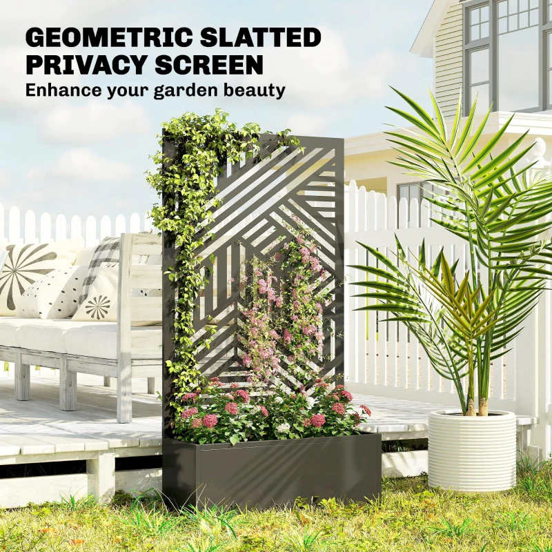 Outsunny Metal Garden Bed for Garden with Trellis, Raised Garden Bed with Privacy Screen, Geometric Slatted Cut-Out