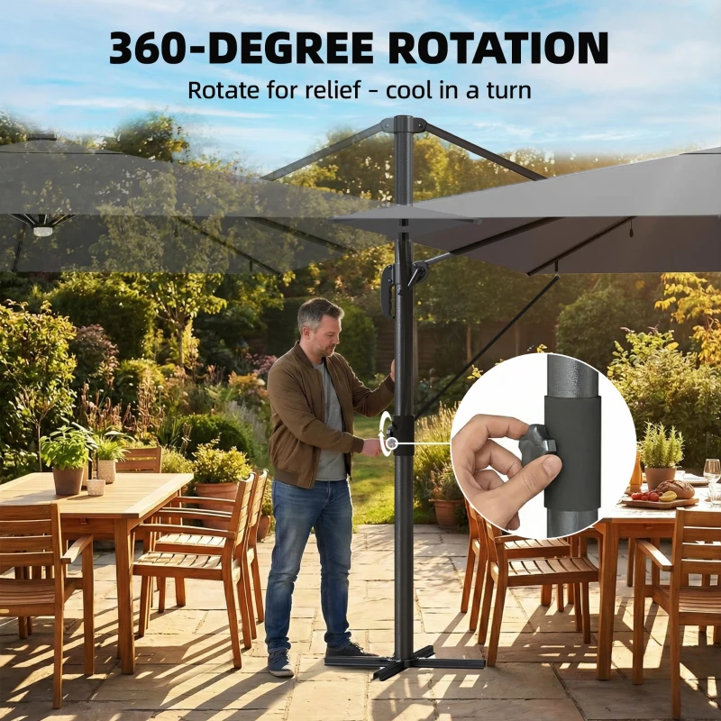 Outsunny 3 x 3 m Garden Cantilever Parasol with Light, Cover, Overhanging Umbrella w/ Wind Protection, 360° Rotation, Light Grey