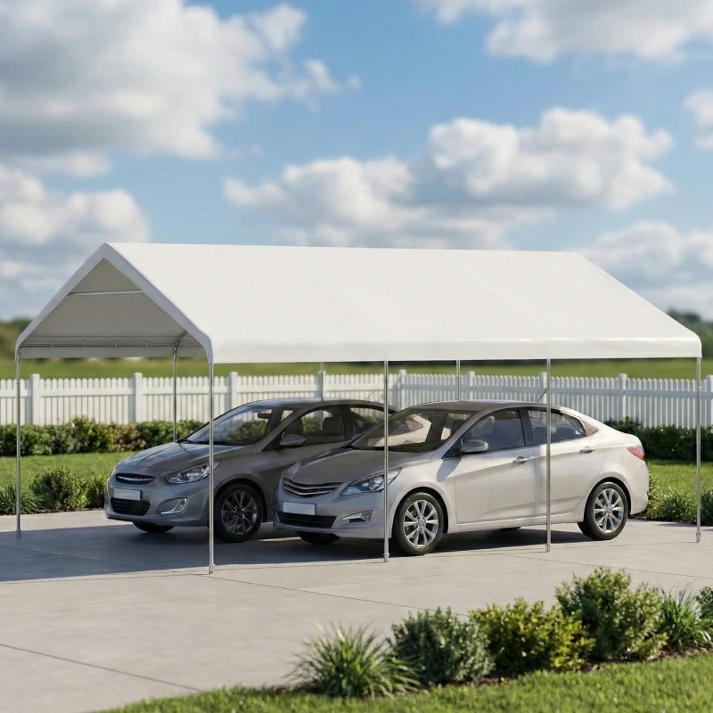 Outsunny Carport 5x6m, Portable Garage, Galvanized Steel Frame for Cars/Trucks, Cream