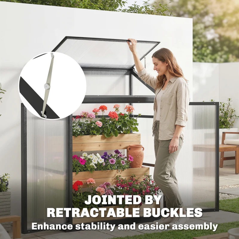 Outsunny Polycarbonate Greenhouse with Hinged Door, Top Vent, Lean-to Green House, Walk-in Greenhouse, 4 x 2ft, Black