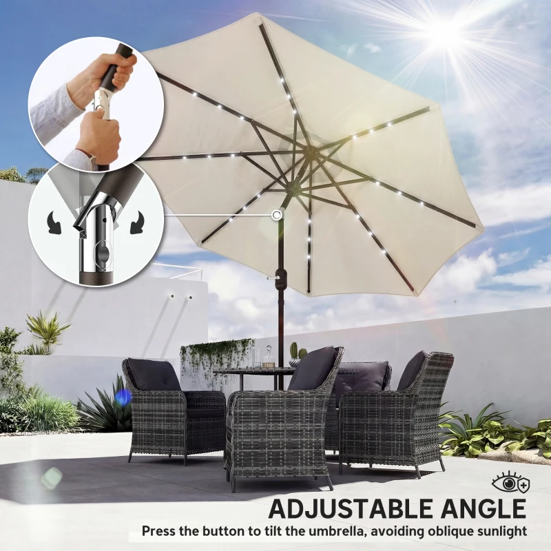 Outsunny 2.6 m Garden Parasol Umbrella with LED Solar Light, Parasol Cover, Outdoor Market Patio Umbrella, Cream White
