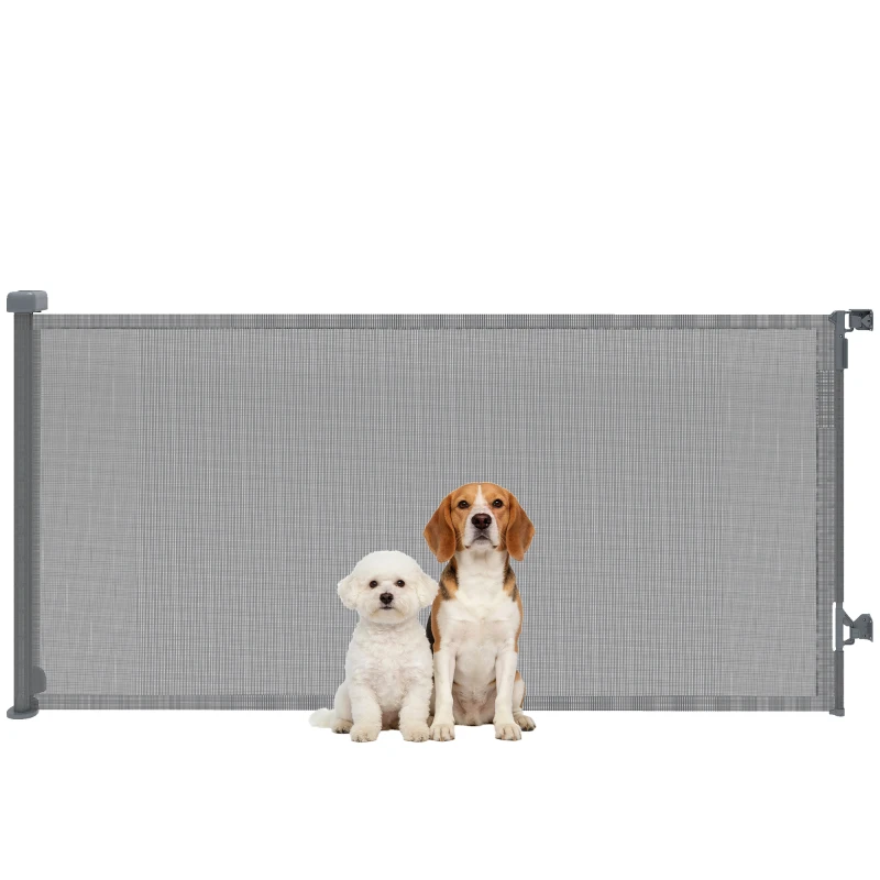 PawHut Barrera de Seguridad para Perros Retráctil Extensible hasta 180 cm de Ancho para Escaleras y Puertas Gris