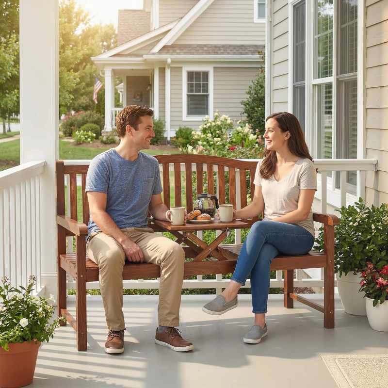 Outsunny Garden Loveseat Bench, 2-3 Seater Outdoor Bench with Liftable Table and Waterproof Cover, Light Brown
