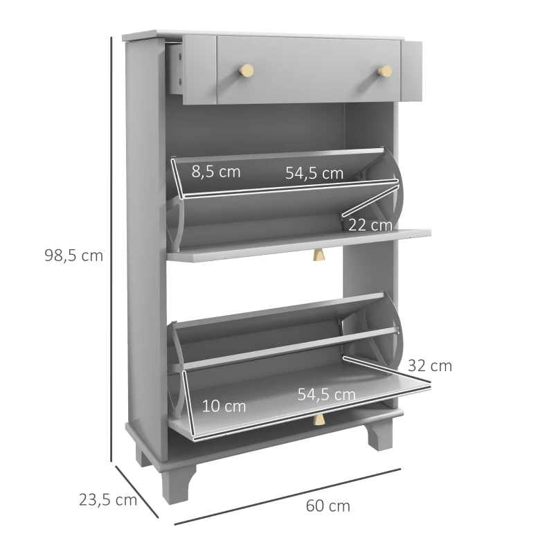 HOMCOM Sapateira Móvel Sapateira Estreita com 2 Portas e 1 Gaveta para 8 Pares de Sapatos 60x23,5x98,5 cm Cinzento