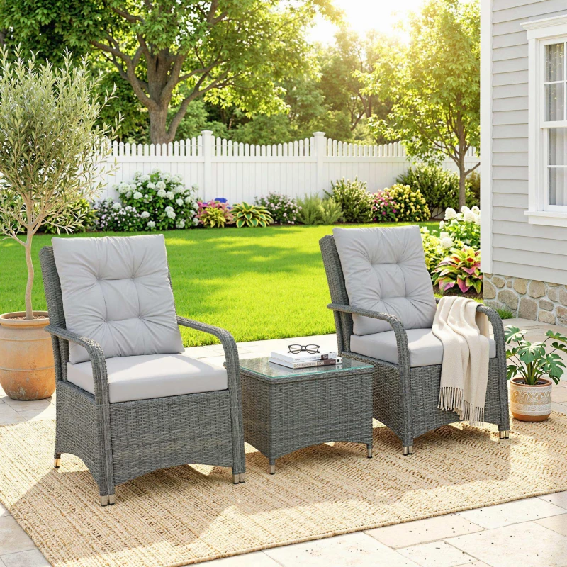 Outsunny 3 Pieces Rattan Bistro Set, Wicker Garden Furniture Set with Metal Frame, Cover, Glass Top Coffee Table, Light Grey