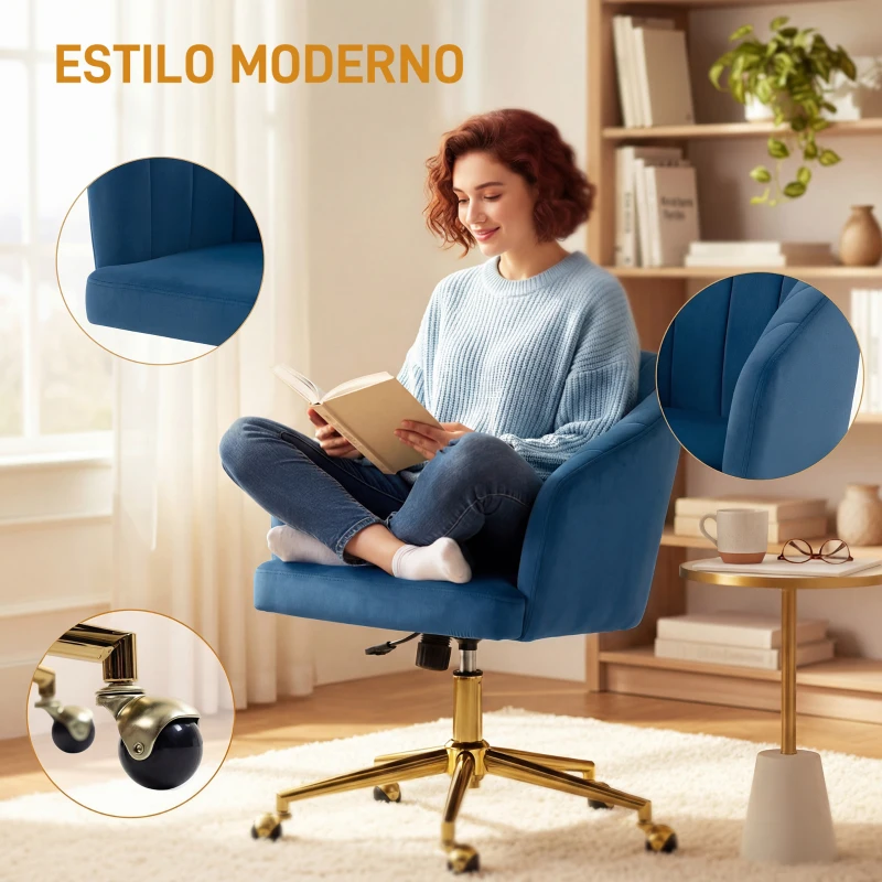 HOMCOM Silla de Oficina con Ruedas de Terciopelo con Respaldo Acolchado Altura Ajustable Espuma Alta Resiliencia Azul