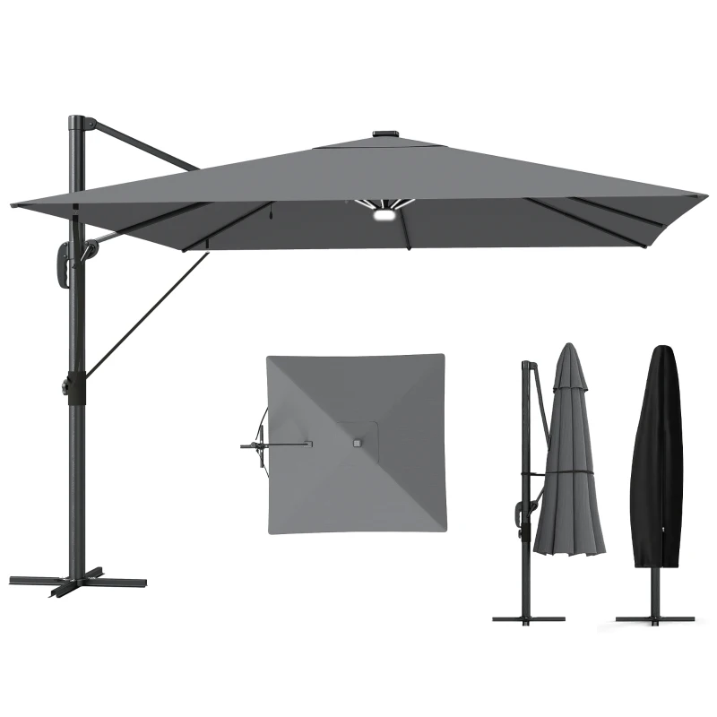Outsunny 3 x 3 m Garden Cantilever Parasol with Light, Cover, Overhanging Umbrella w/ Wind Protection, 360° Rotation, Light Grey