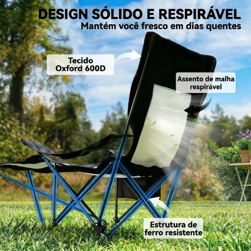 Outsunny Conjunto de 2 Cadeiras Dobráveis de Campismo com Encosto Ajustável 4 Níveis Apoio para os Pés Removível 165x80x90 cm Preto