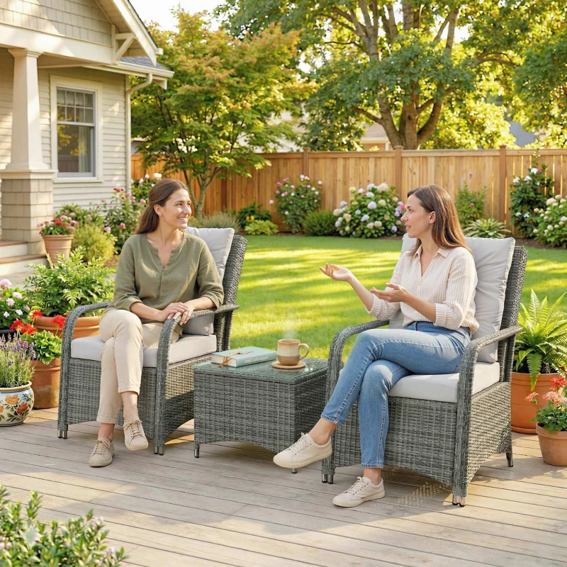 Outsunny 3 Pieces Rattan Bistro Set, Wicker Garden Furniture Set with Metal Frame, Cover, Glass Top Coffee Table, Light Grey