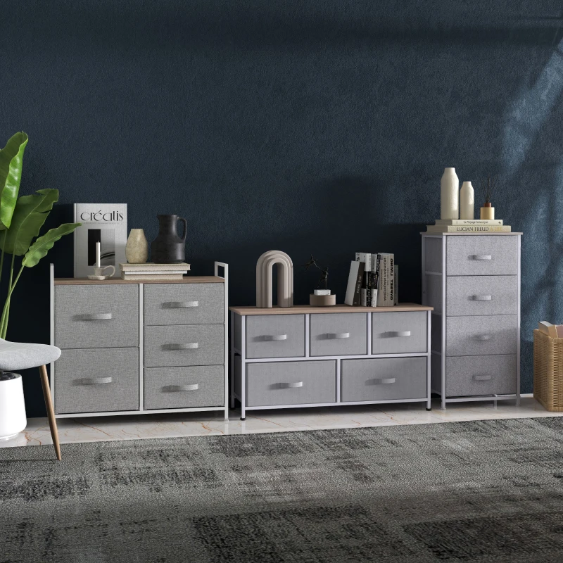 HOMCOM Lot de 3 commodes en tissu meuble de rangement chiffonnier 14 tiroirs non-tissés gris structure acier blanc plateau