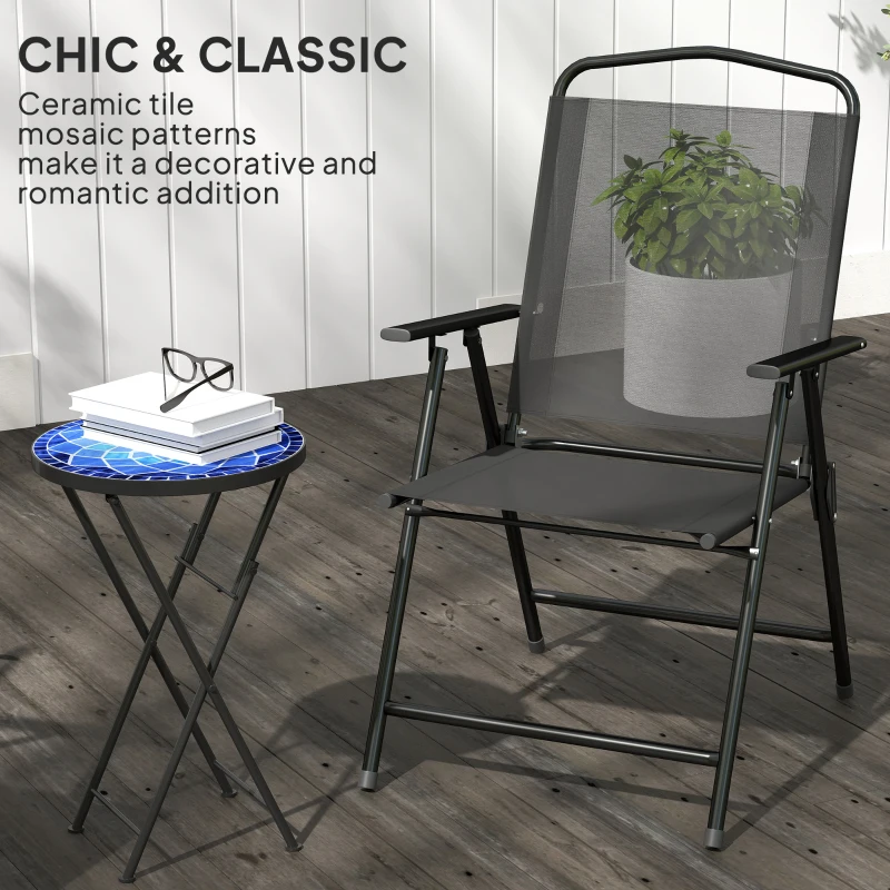 Outsunny Mosaic Outdoor Garden Table, 35.5cm Round Folding Coffee Table with Metal Frame for Balcony Terrace, Navy Blue