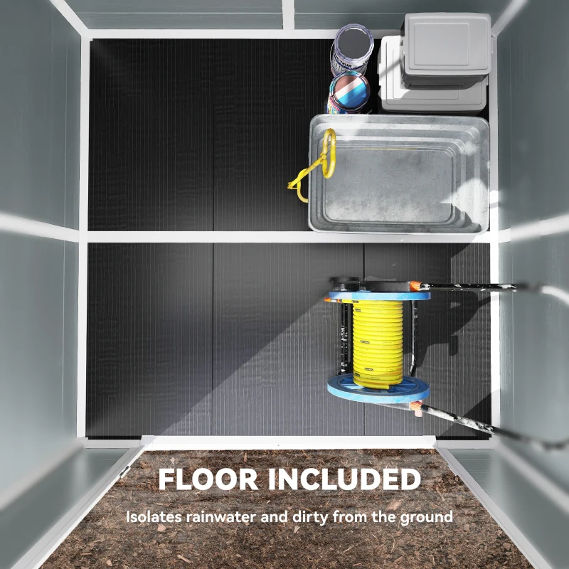 Outsunny 6 x 6 ft Plastic Garden Shed, Wood-Effect Outdoor Storage Shed with Floor, Windows, Lockable Doors and Vents, Grey