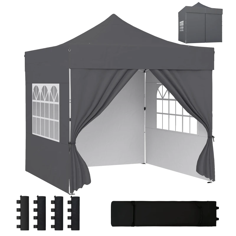 Outsunny 3 x 3 m Pop Up Gazebo with Sidewalls, UPF50+ Heavy Duty Garden Party Tent Marquee with Wheeled Carry Bag, Dark Grey
