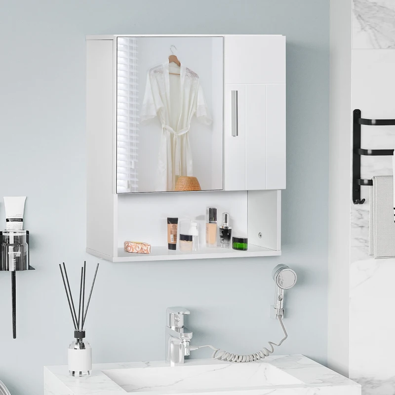 kleankin Bathroom Mirror Cabinet, Wall Mounted Storage Cupboard Organizer with Double Doors and Adjustable Shelf, White