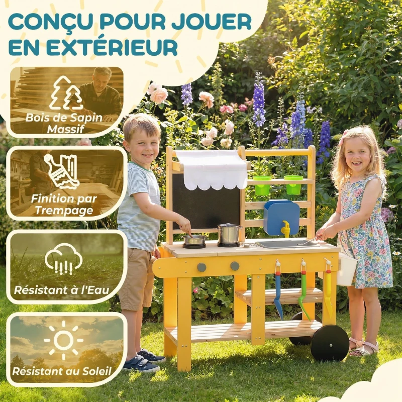 AIYAPLAY Cuisine enfant en bois avec roulettes, cuisine enfant exterieur avec eau courante, évier, plaque de cuisson, jaune