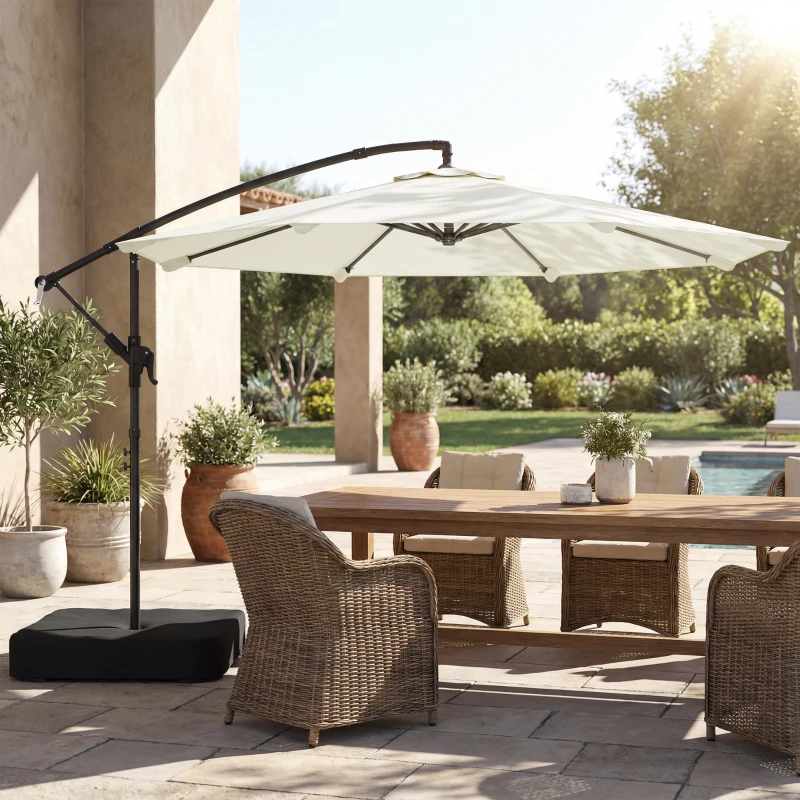 Outsunny 3 m Garden Cantilever Parasol with Cross Base, Sandbag, 360° Rotating Overhanging Banana Umbrella, Cream White