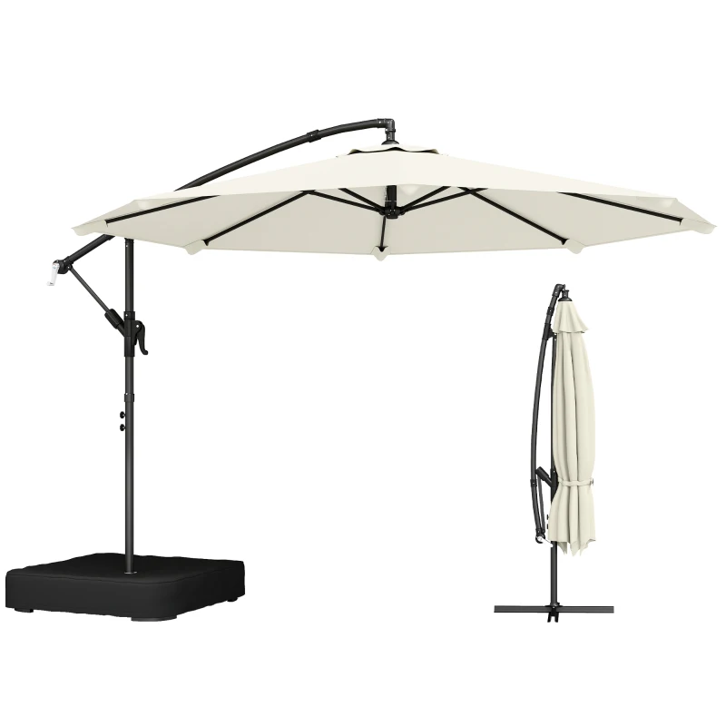Outsunny 3 m Garden Cantilever Parasol with Cross Base, Sandbag, 360° Rotating Overhanging Banana Umbrella, Cream White