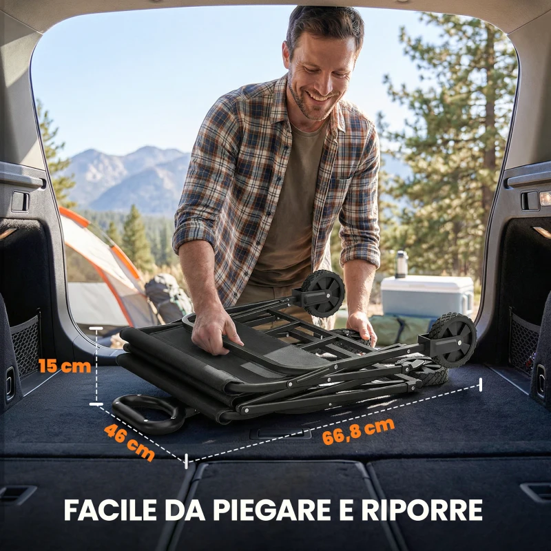 Outsunny Carrello da Giardino Pieghevole 66L con Manico Regolabile e Portabicchieri, Nero