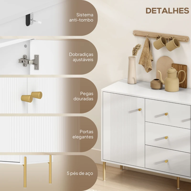HOMCOM Aparador Moderno com 3 Gavetas Prateleiras Ajustáveis Bancada com Efeito Mármore Pés em Aço 120x39,1x76 cm Branco