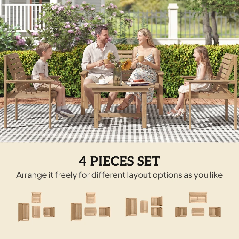 Outsunny 4 Piece Wooden Garden Furniture Set, Outdoor Garden Sofa Set with 2 Armchairs, Loveseat and Coffee Table, Natural Wood
