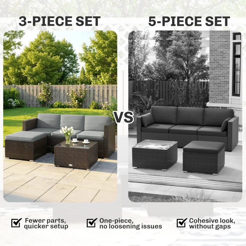 Outsunny 3 Pieces Garden Furniture Set w/ Cushions, PE Rattan Wicker Conversation Corner Sofa Set, Light Grey