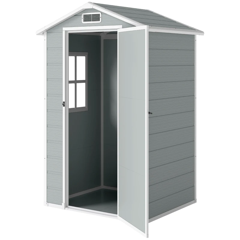 Outsunny 4 x 3 ft Plastic Garden Shed with Floor, Outdoor Storage Shed with Lockable Door, Window and Vent, Light Grey