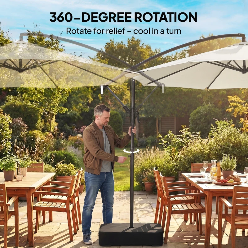 Outsunny 3 m Garden Cantilever Parasol with Cross Base, Sandbag, 360° Rotating Overhanging Banana Umbrella, Cream White