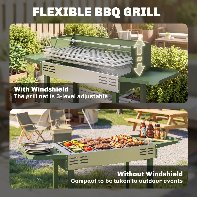 Outsunny BBQ Rotisserie Grill Roaster Charcoal Spit Roasting Machine for Chicken Turkey with 3-Level Grill Grate, Side Shelves, Dark Green