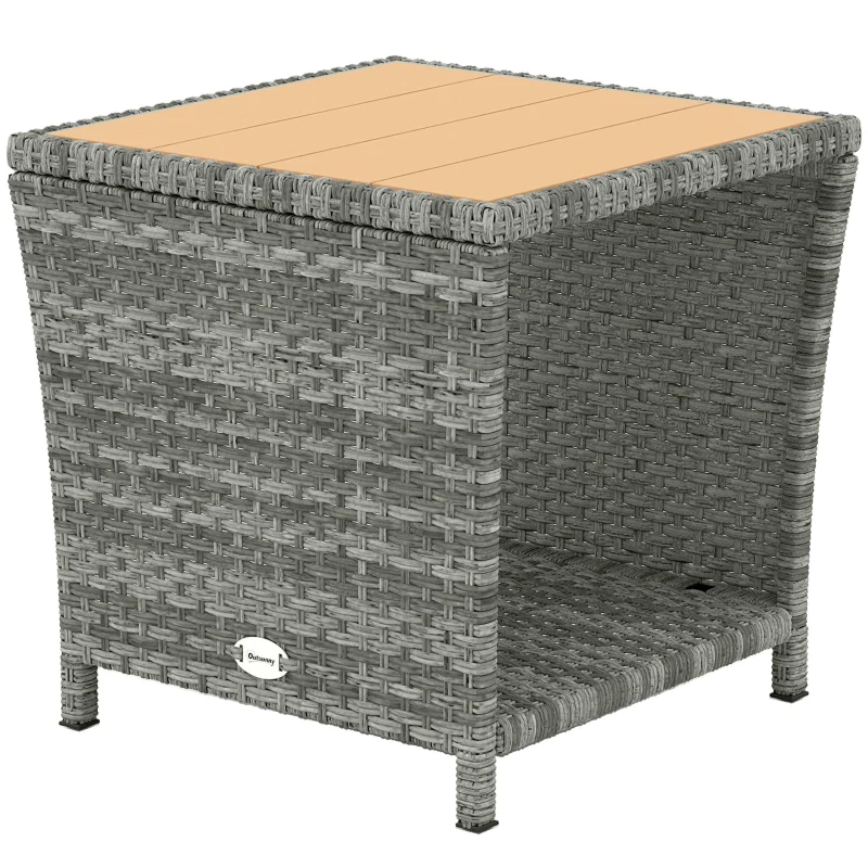 Outsunny Side Table 2-Tier Outdoor Coffee Table with Storage Shelf PS Wood Slat Top/Light Grey