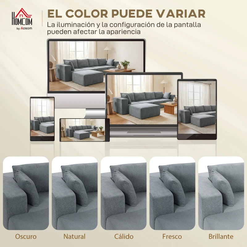 HOMCOM Sofá Seccional en Forma de U Sofá Modular con 2 Taburetes 2 Almohadas Reposabrazos Anchos sin Montaje Gris