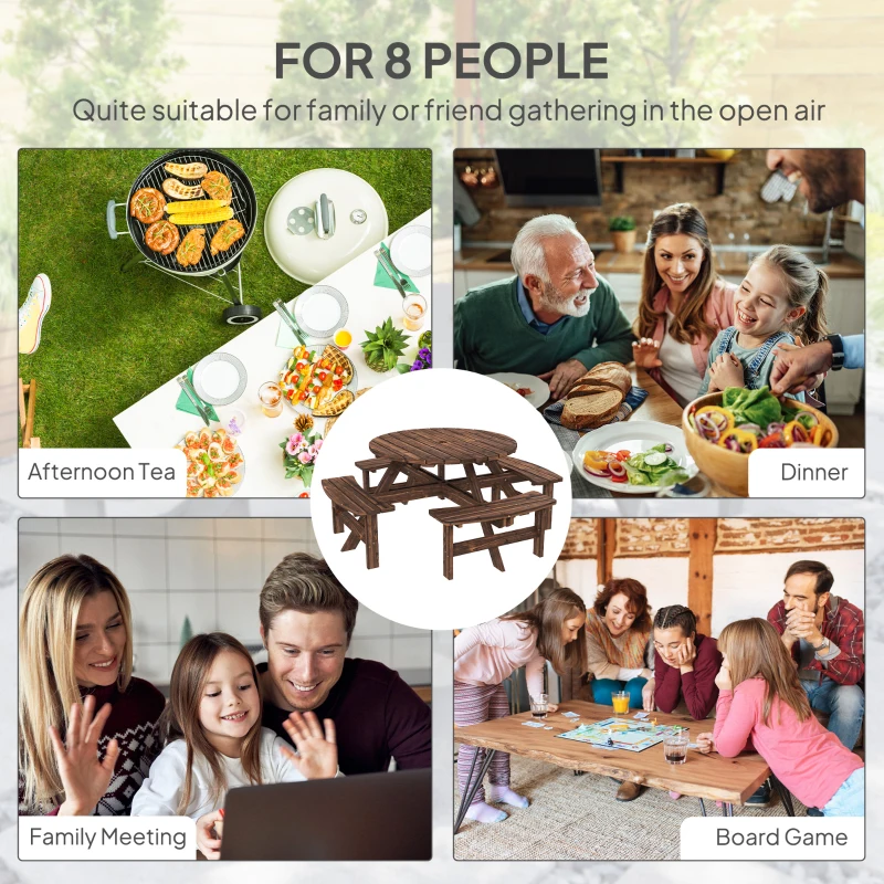 Outsunny Wooden Garden Dining Set, 8 Seater Patio Furniture Set with Round Picnic Table, Parasol Hole for Outdoor Garden, Tan