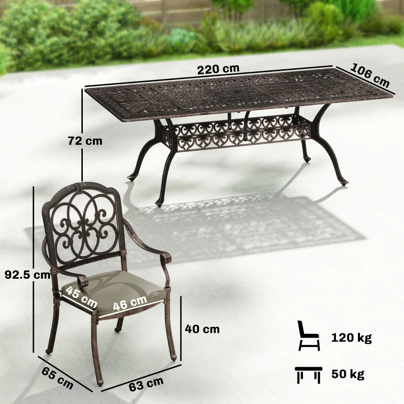Outsunny 9 Piece Cast Aluminium Garden Dining Set, Garden Table and Chairs Set with Cushions, Parasol Hole for Patio, Bronze Tone