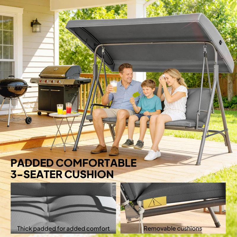 Outsunny 3 Seater Garden Swing Chair, Patio Rocking Bench with Tilting Canopy, Removable Cushion and Steel Frame, Dark Grey